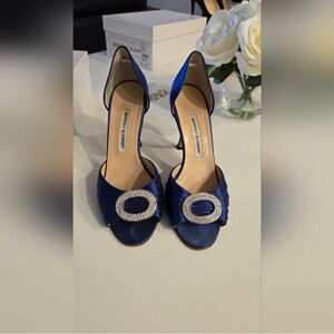 Manolo Blahnik Royal Blue Satin D'Orsay Heels with Crystal Oval Buckle